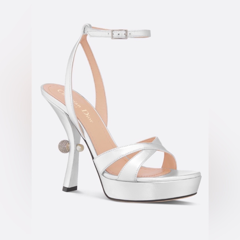 Dior Tribales Silver Ankle-Strap Platform Sandal with Pearl Heel Detail